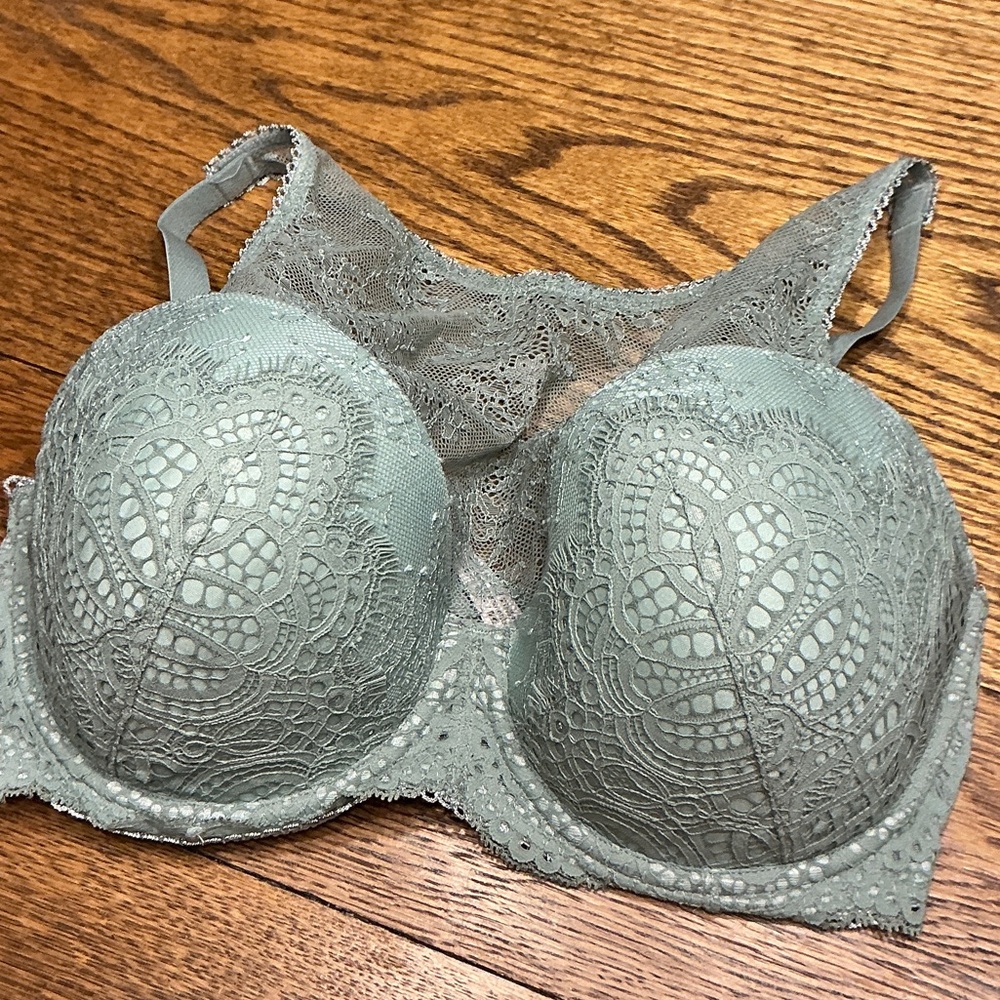 Victoria's Secret 34DDD Dream Angels Lined Demi High Neck Lace Front Bra Green